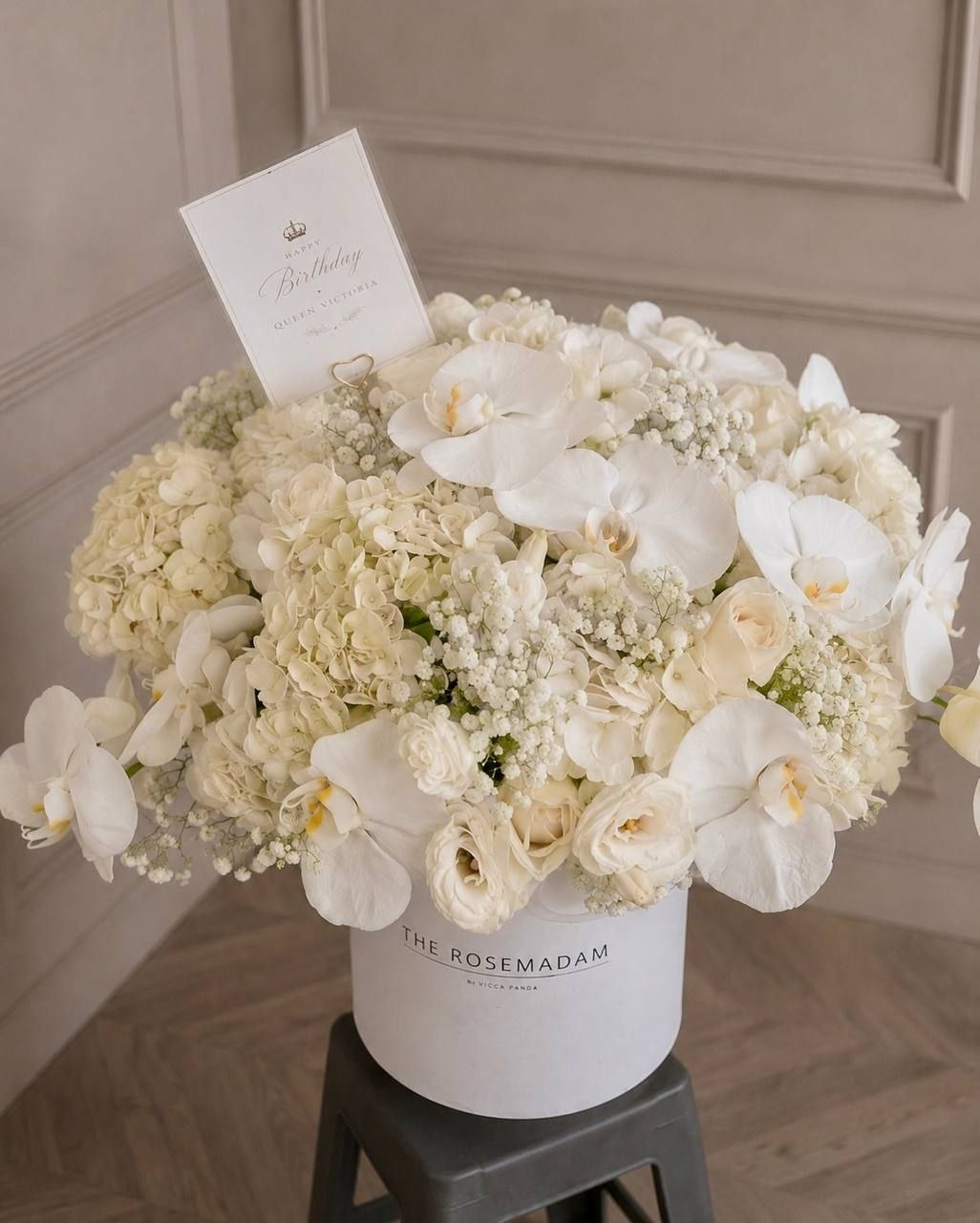 Orchid and White Hydrangea Mix in a Box