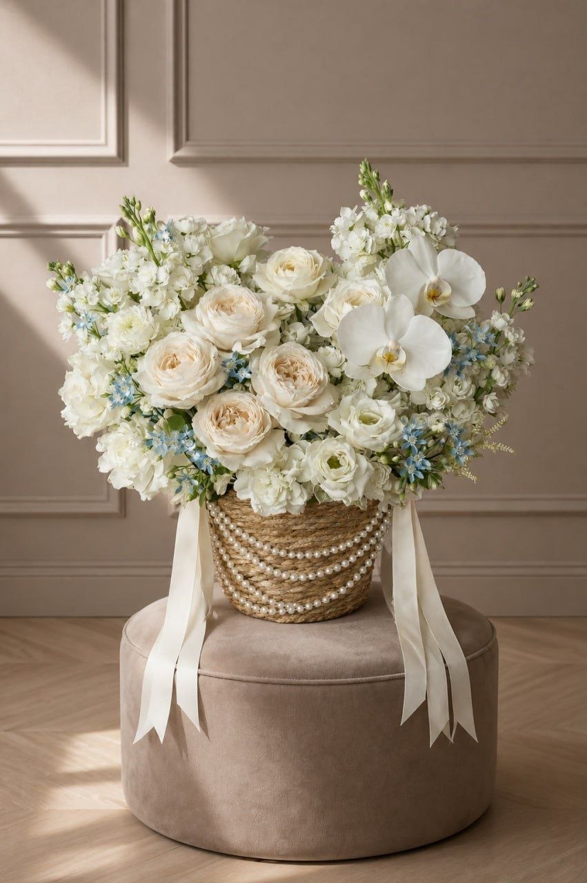 White Bouquet in a Woven Basket with Roses, Orchids and Pearls
