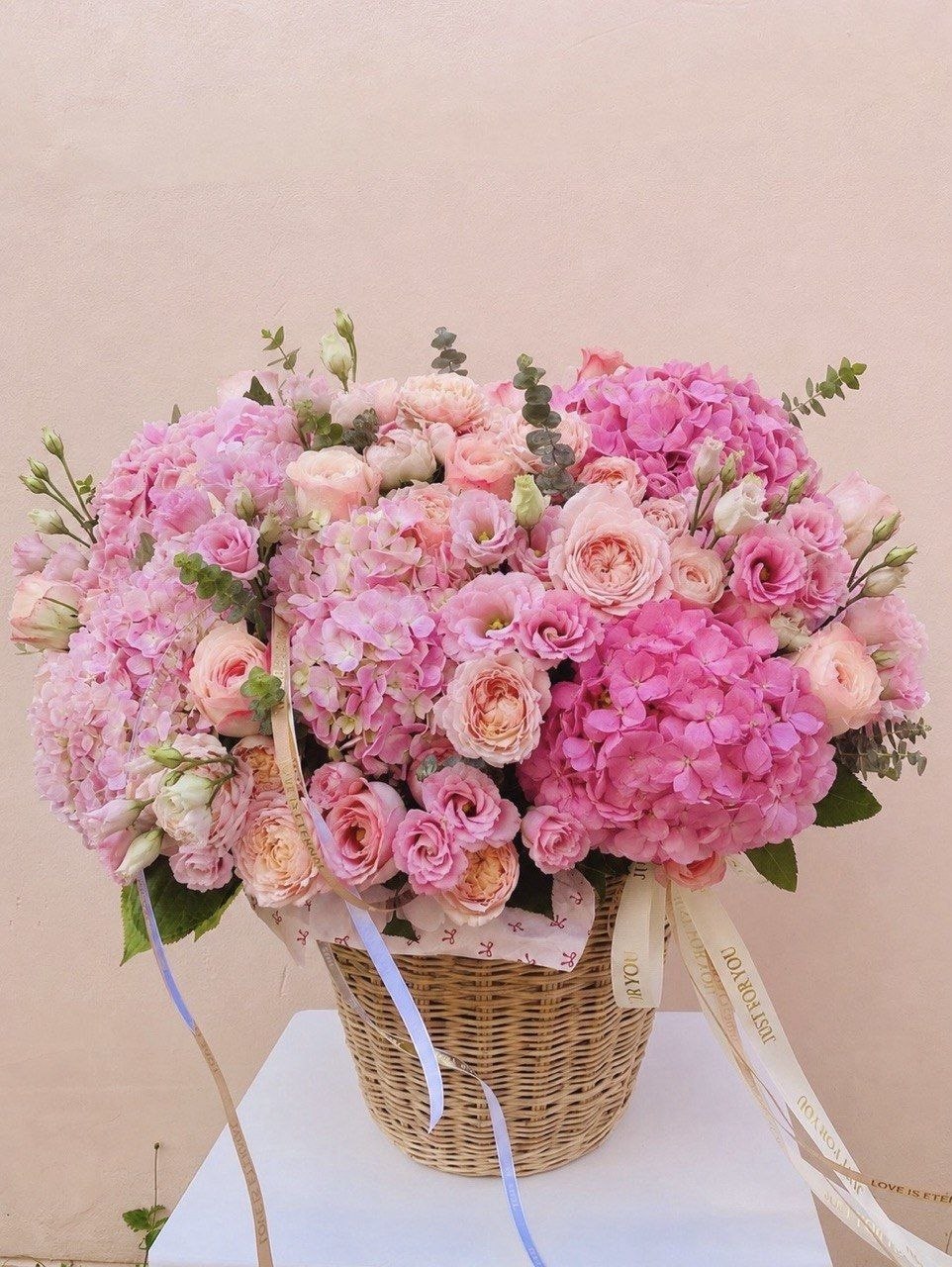 Pink Hydrangea and Mixed Rose Basket