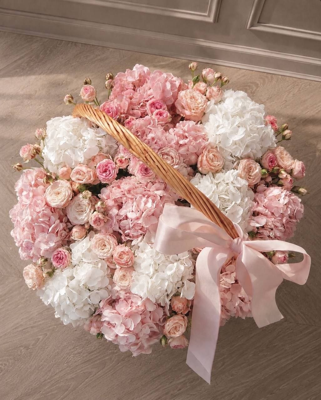 Hydrangeas and Spray Roses in a Basket