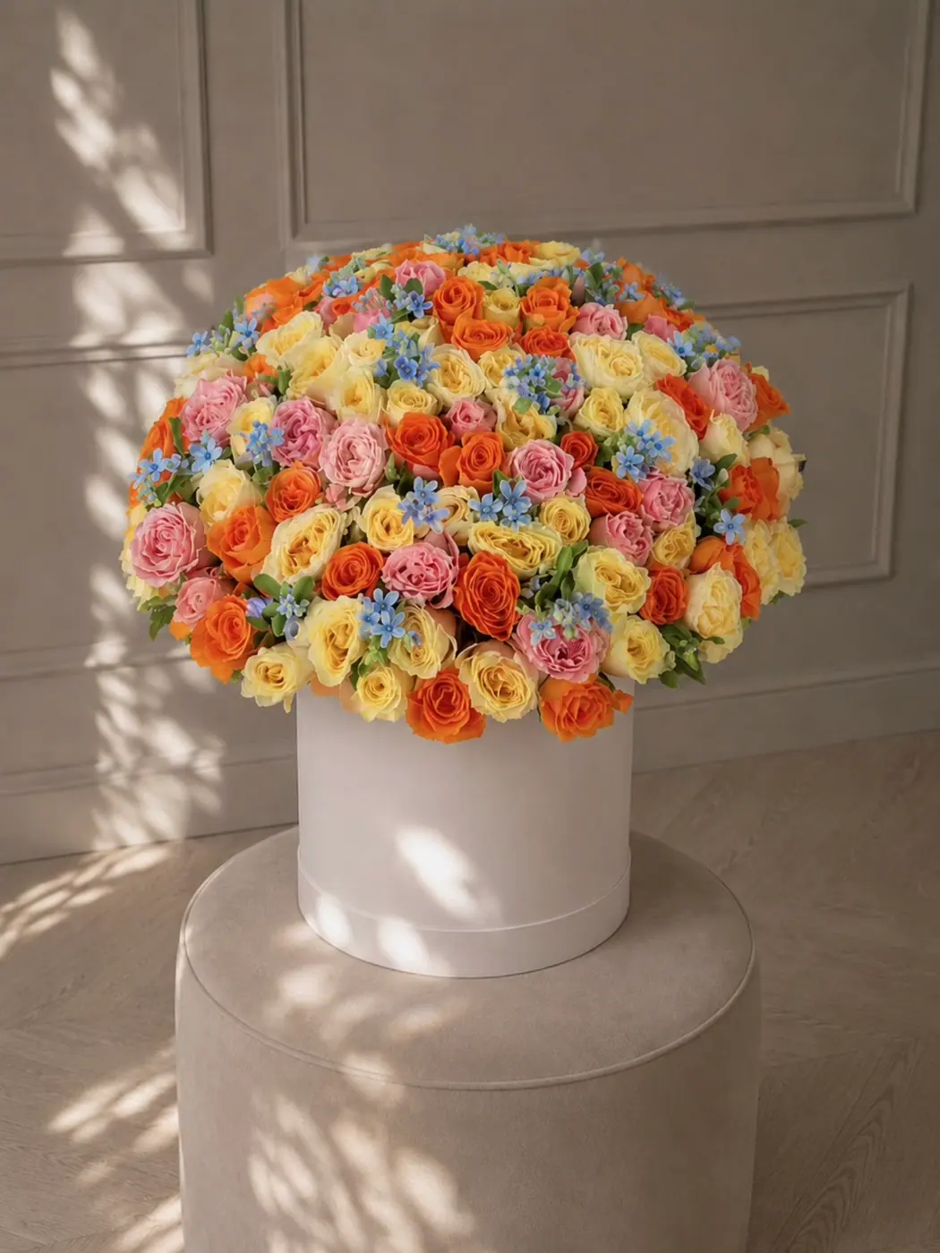 Mixed Roses and Blue Tweedia in a Box