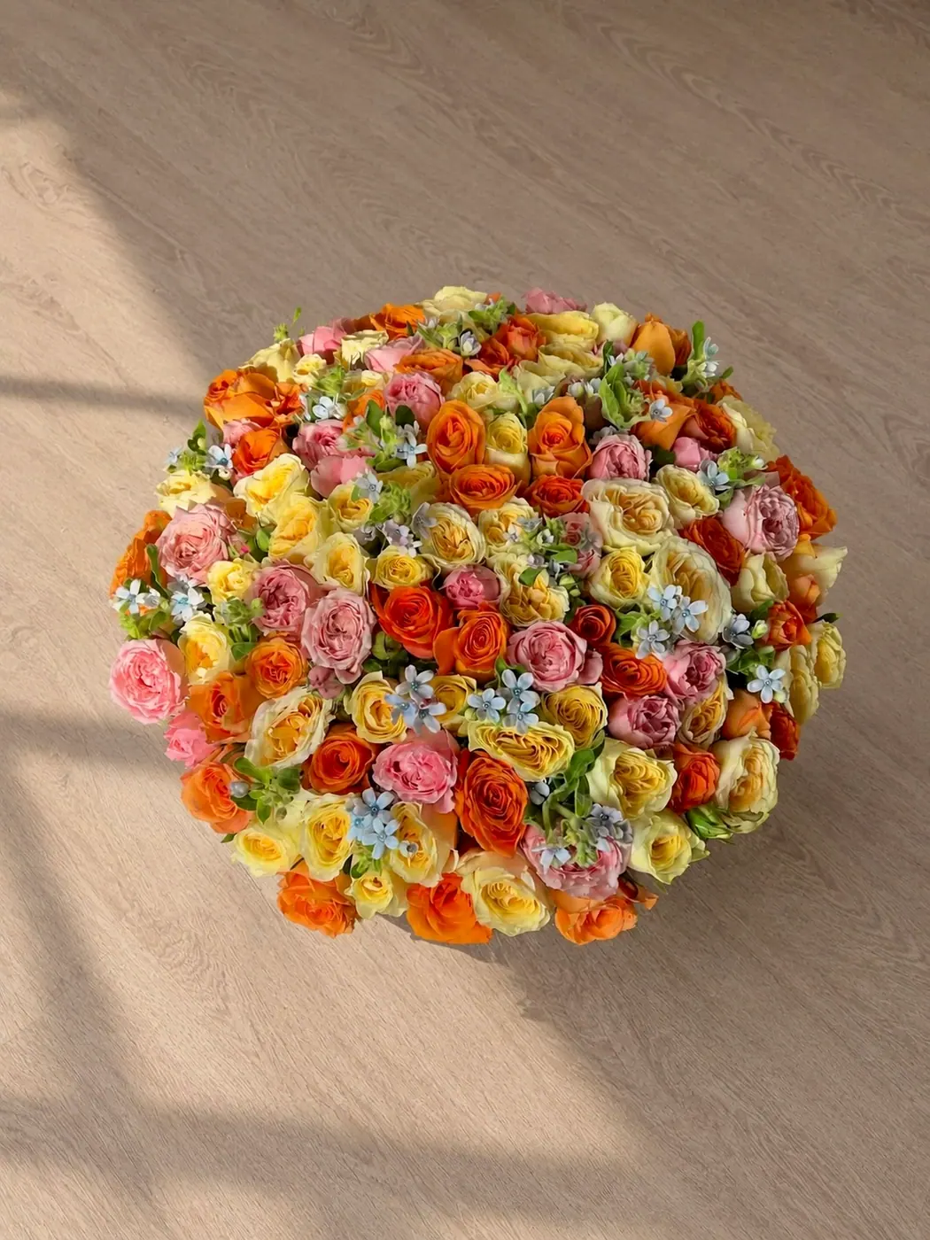 Mixed Roses and Blue Tweedia in a Box