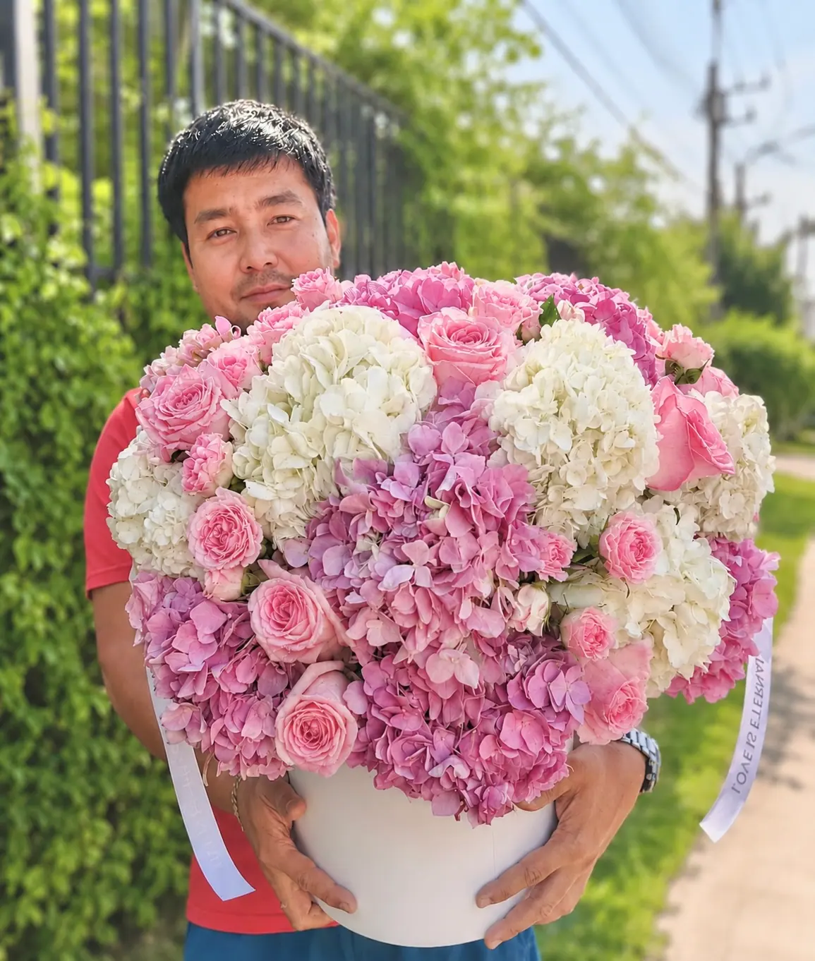 Roses and Hydrangeas in a Hatbox