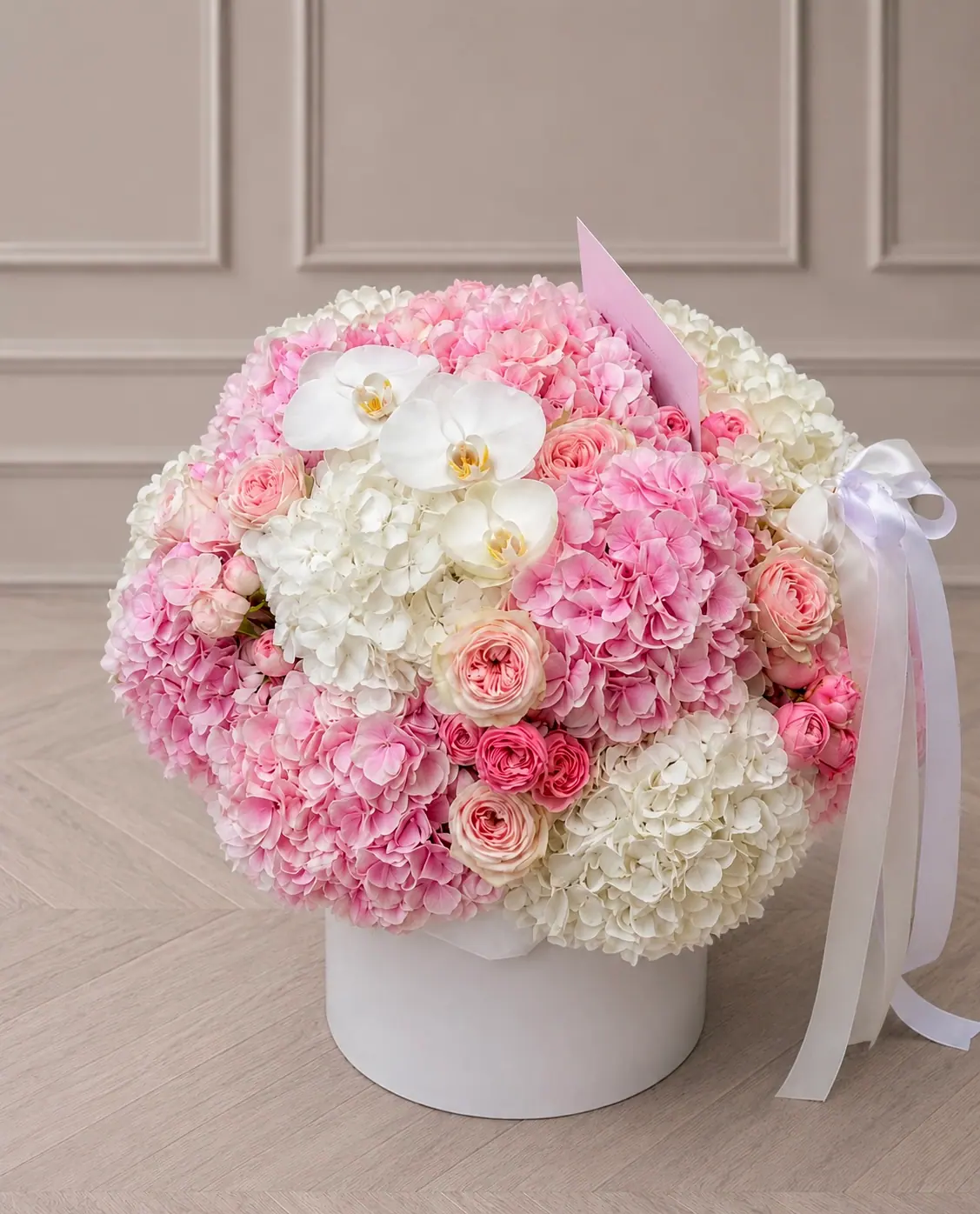 Roses and Hydrangeas in a Hatbox