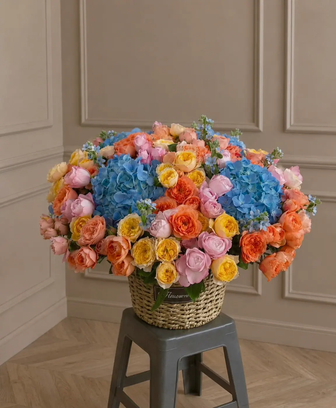 Basket with Hydrangeas and Roses