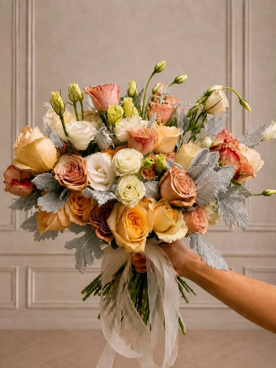 Cream and Peach Roses with Eustoma