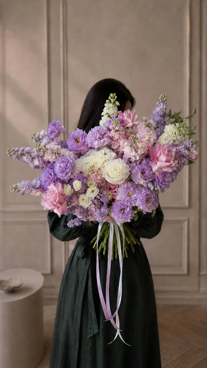 Lilac Eustoma and Matthiola Bouquet with Ribbon